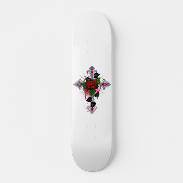 Skateboard Croix d'argent avec une rose rouge (Devant)