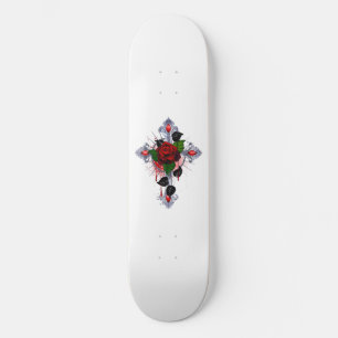 Skateboard Croix d'argent avec une rose rouge