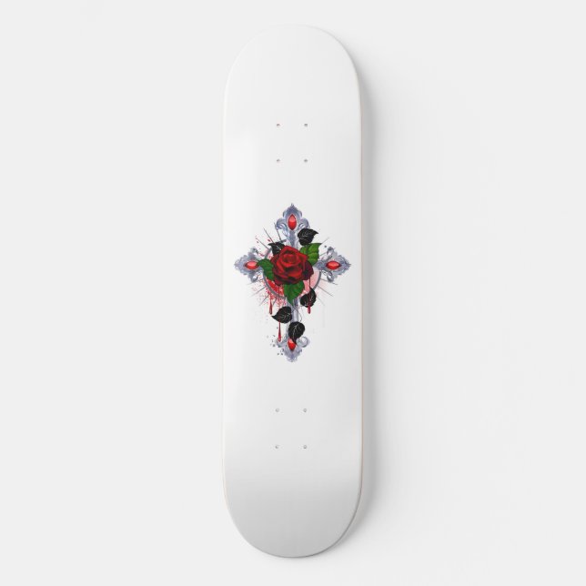 Skateboard Croix d'argent avec une rose rouge (Recto)