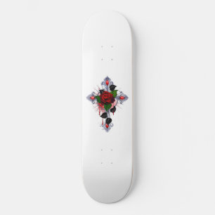 Skateboard Croix d'argent avec une rose rouge
