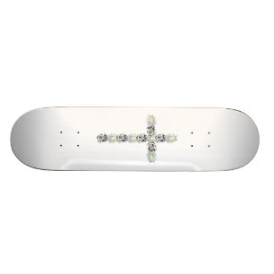 Skateboard Croix d'argent et de rose blanche