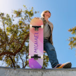 Skateboard Custom Name Cool Retro Purple Brush Strokes<br><div class="desc">Custom Name Cool Retro Purple Brush Strokes Skateboard features your personalized name on a retro brush stroke background in orange, pink and purple. Personalize by editing the text in the text box provided. Give a custom made gift, personalized skateboard to your favorite skateboarder for Christmas, birthday or your BFF. Designed...</div>