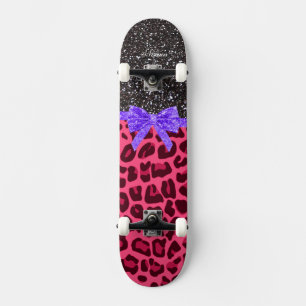 Skateboard Custom name dark gray glitter pink leopard bow