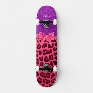 Skateboard Custom name purple glitter pink leopard bow