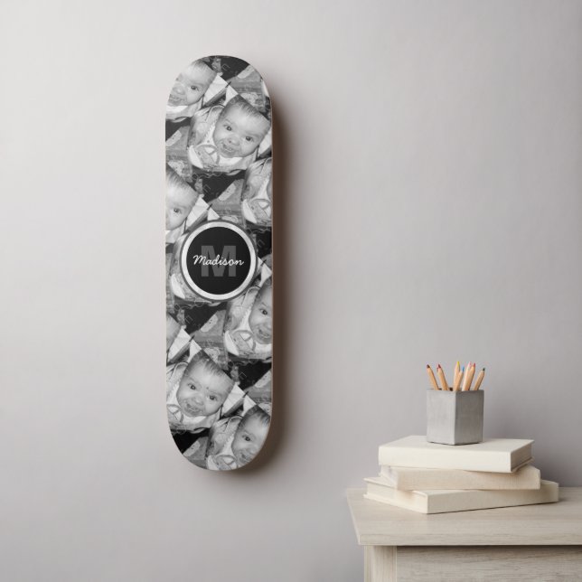 Skateboard Customisez votre motif photo noir blanc Monogramme (Art mural)