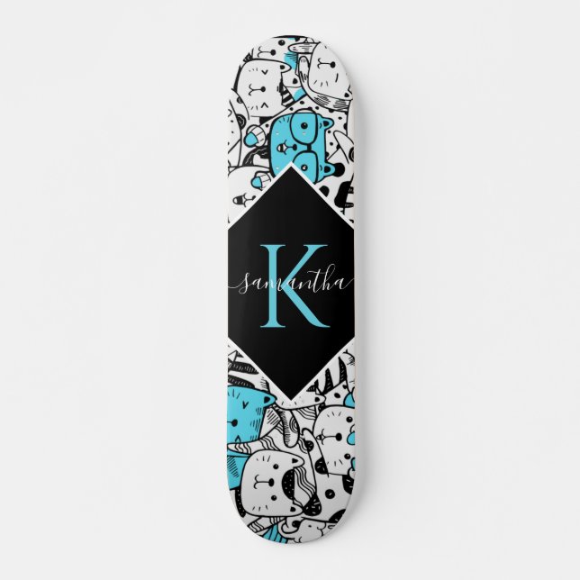 Skateboard Cute Blue Chat Motif Nom et dessin original (Devant)