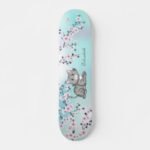 Skateboard Cute Cat Cherry Blossom Rose Turquoise Ajouter un 