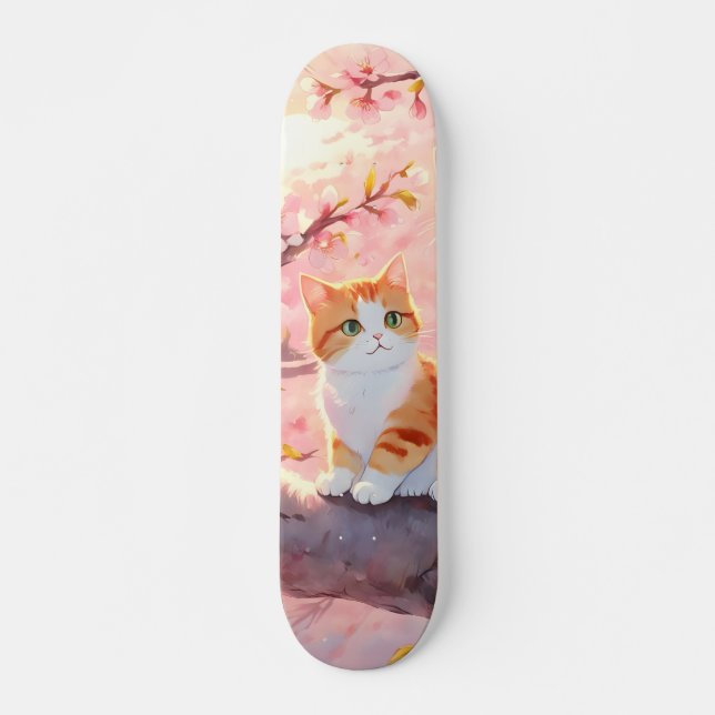 Skateboard Cute Chat Sur Un Arbre En Fleur De Cerise (Devant)