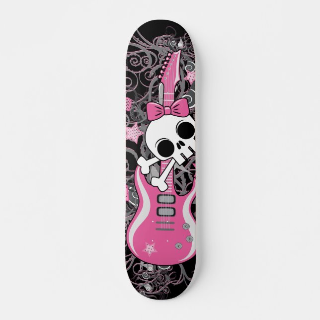 Skateboard Cute crâne avec guitare rose (Devant)