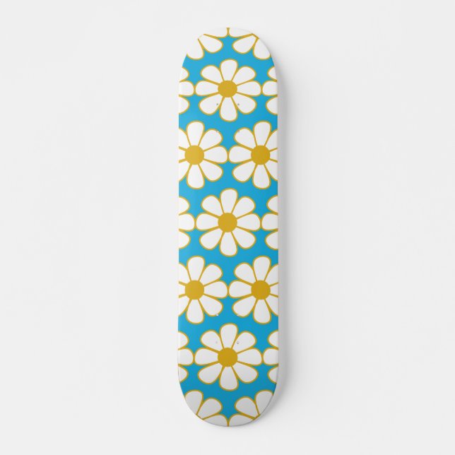 Skateboard Cute Floral Daisy Motif moutarde et bleu (Devant)