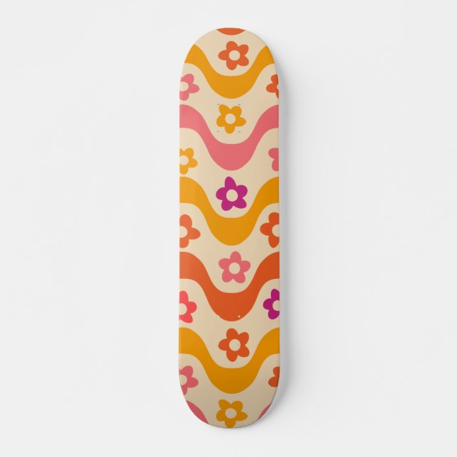 Skateboard Cute Groovy flowers pattern on retro waves   (Devant)