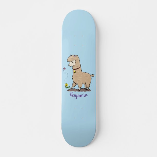 Skateboard Cute happy alpaca with butterfly cartoon (Devant)