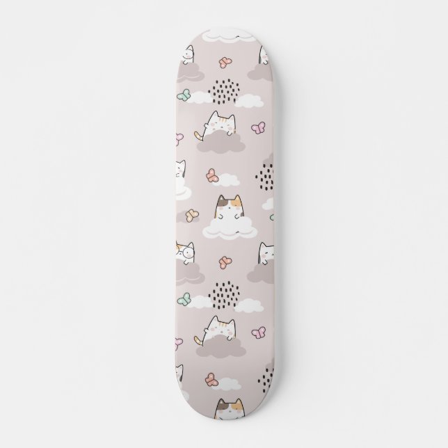 Skateboard Cute Kawaii Chats avec nuages et papillons (Devant)