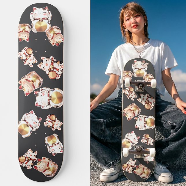 Skateboard Cute Maneki Neko Japanese Lucky Cat Pattern (Trucks and wheels are customization options and are not included in the price.)