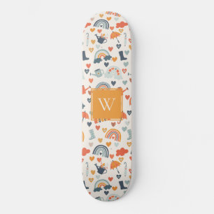 Skateboard Cute Orange Blue Spring Rainbow Clouds Motif