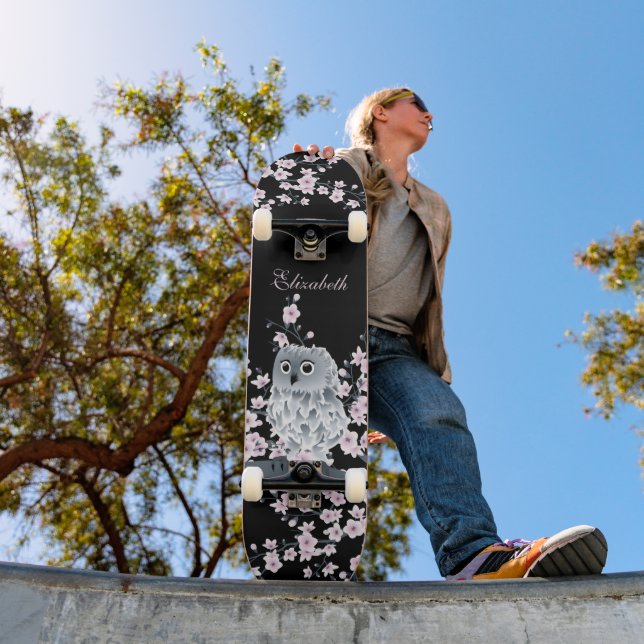 Skateboard Cute Owl Cherry Blossom Pink Black Ajouter Nom (Extérieur 1)