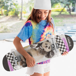Skateboard Cute Panda À damiers Modern Collage Nom personnali