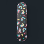 Skateboard Cute Pink Black Unicorn Rainbow Floral Stars<br><div class="desc">This cute and magical pattern is perfect for the fun-spirited and trendy woman or girl. It features hand-drawn illustrations of unicorns, flowers with leaves, rainbows, and shooting stars on top of a simple black background. The design color theme includes bubblegum pink, blush pink, teal green, periwinkle blue, purple, yellow, and...</div>
