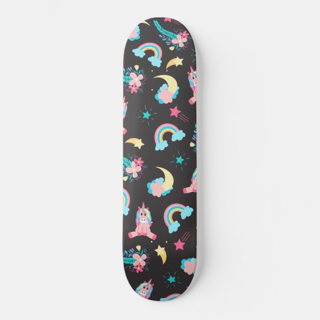 Skateboard Cute Pink Black Unicorn Rainbow Floral Stars (Recto)