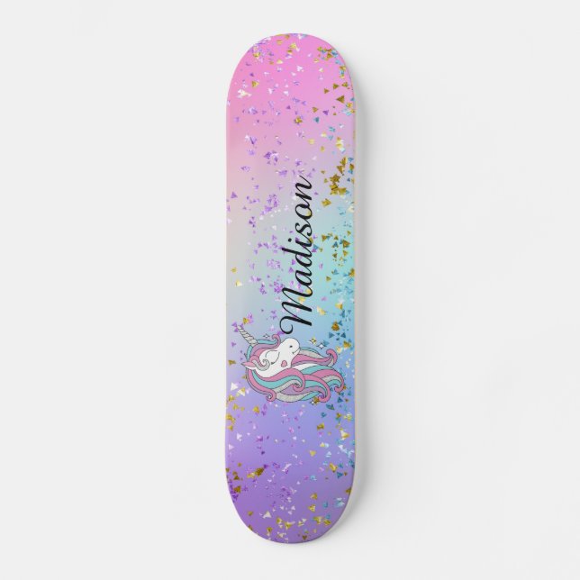 Skateboard Cute Unicorn Ombre Rainbow Parties scintillant Spa (Recto)