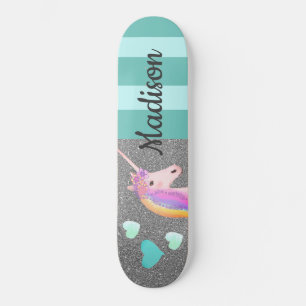 Skateboard Cute Unicorn Parties scintillant Coeurs Turquoises