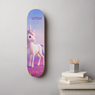 Skateboard Cute Unicorne Blanche Avec Rose & Bleu Mane