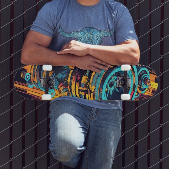 Skateboard Cyan Orange Cyberpunk Industrial Turbine Grunge (Extérieur 3)
