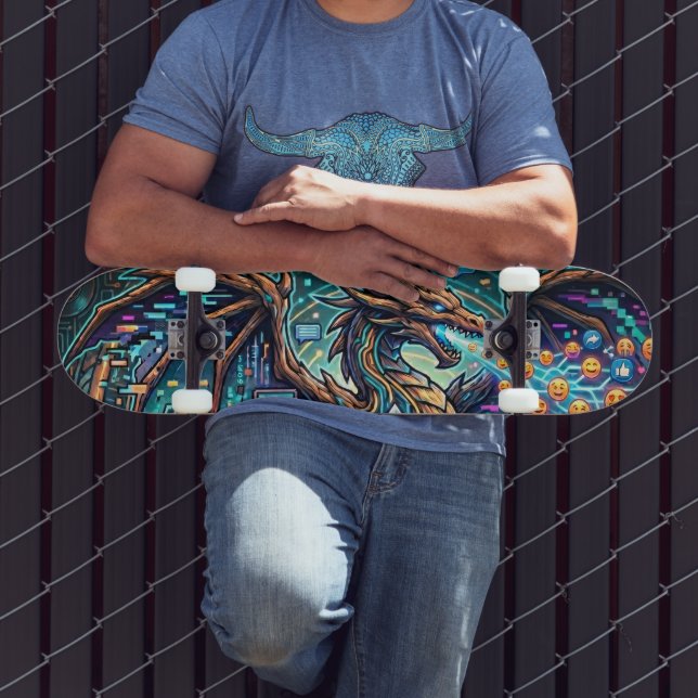 Skateboard Cyber-Neon Blue Dragon Glitch Art Mural Design (Extérieur 3)