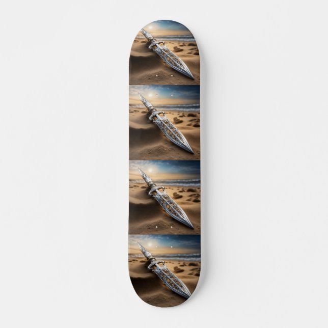 Skateboard Dague argentée ornée sur la plage au coucher du so (Devant)