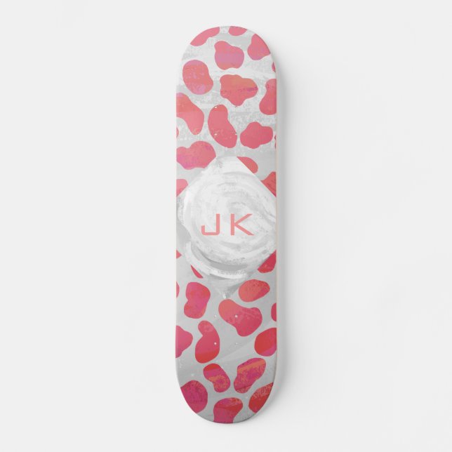 Skateboard Dalmatie rose et blanc avec monogramme (Recto)