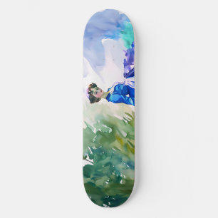 Skateboard Dame en Robe Bleue - Peinture aquarelle