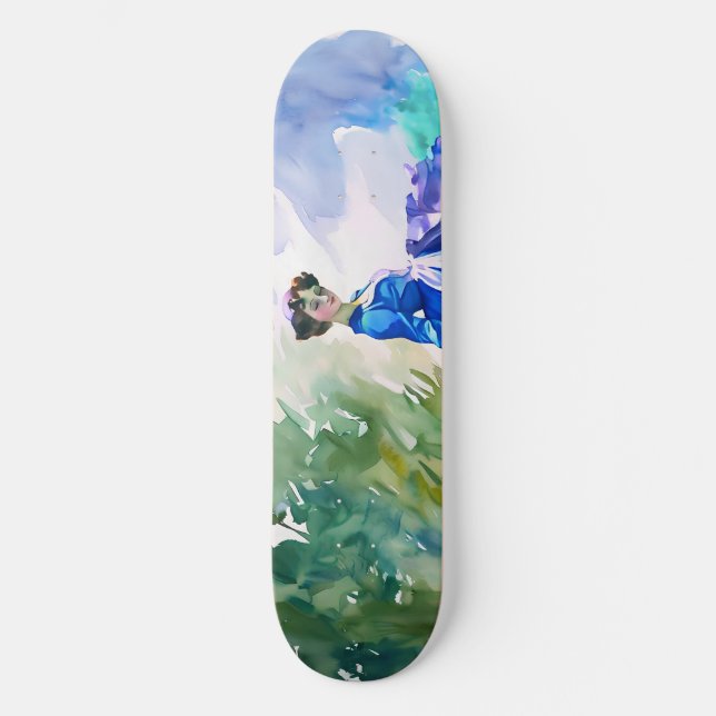 Skateboard Dame en Robe Bleue - Peinture aquarelle (Recto)