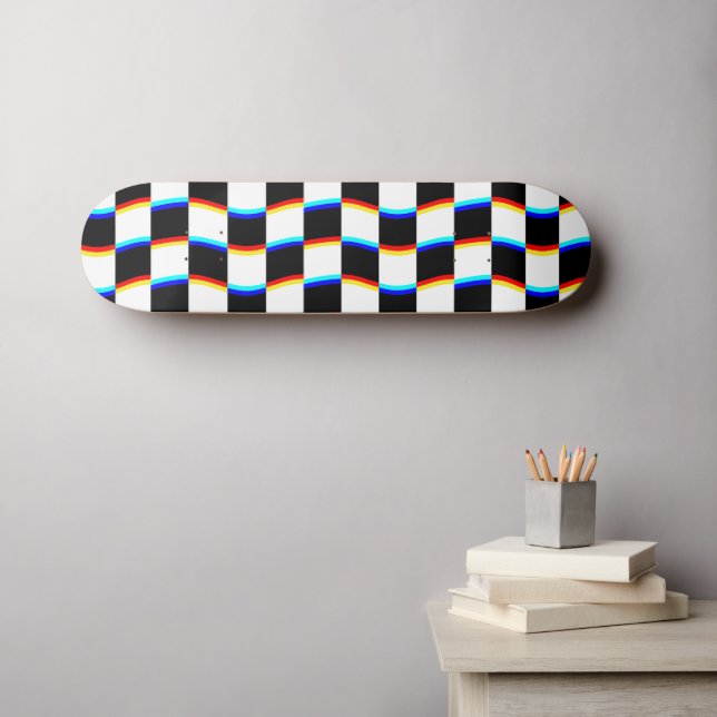 Skateboard Damier Aberration 3D Noir Blanc Rétro (Art mural (Horz))