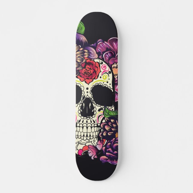 Skateboard Day of the dead skull with flowers (Devant)