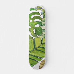 Skateboard De Beaux Feuilles Tropicaux En Patinage Aquarelleu