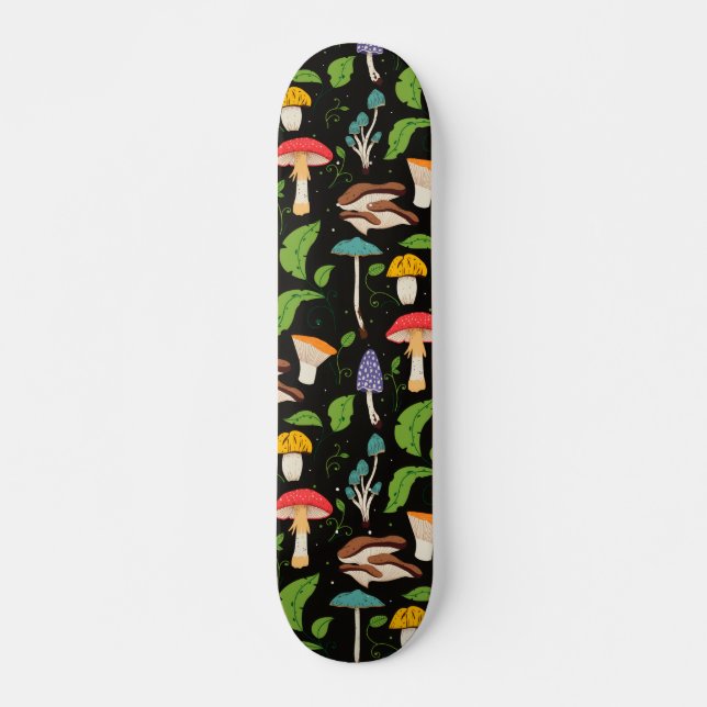 Skateboard Deep Forest Magic: Colorful Mushrooms on Black (Devant)