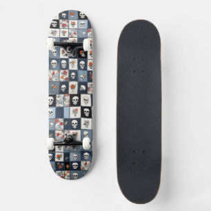 Skateboard Denim Distressé Patchwork Crânes Floral