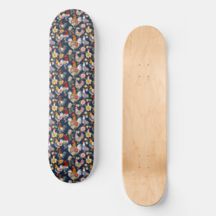 Skateboard Denim Portant Des Poulets À Patchwork Floral Sur L