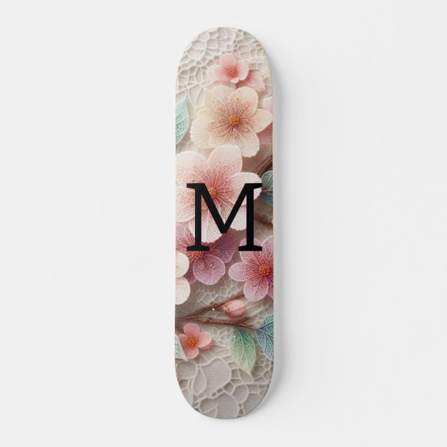 Skateboard Dentelle monogramme florale rose pastel fleur de c (Devant)