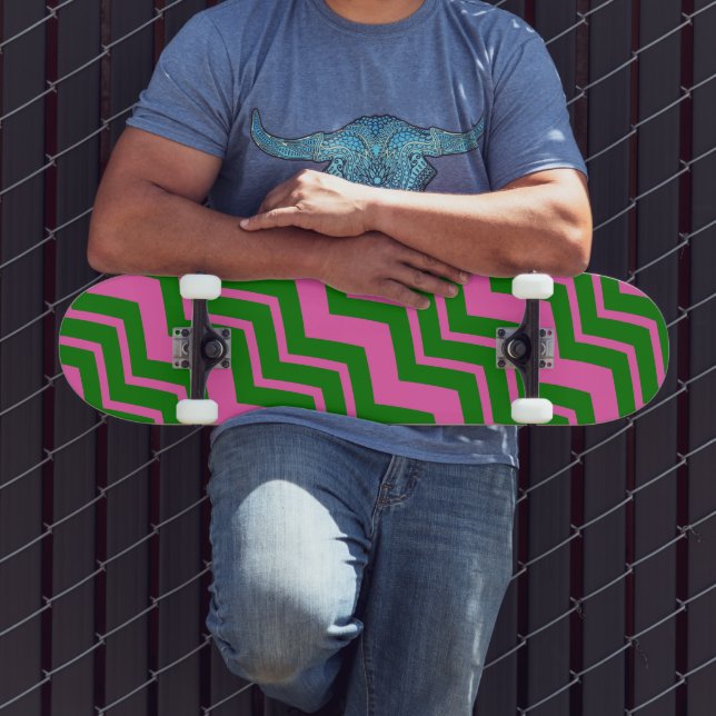 Skateboard Dessin chevron zigzag vert rose  (Extérieur 3)