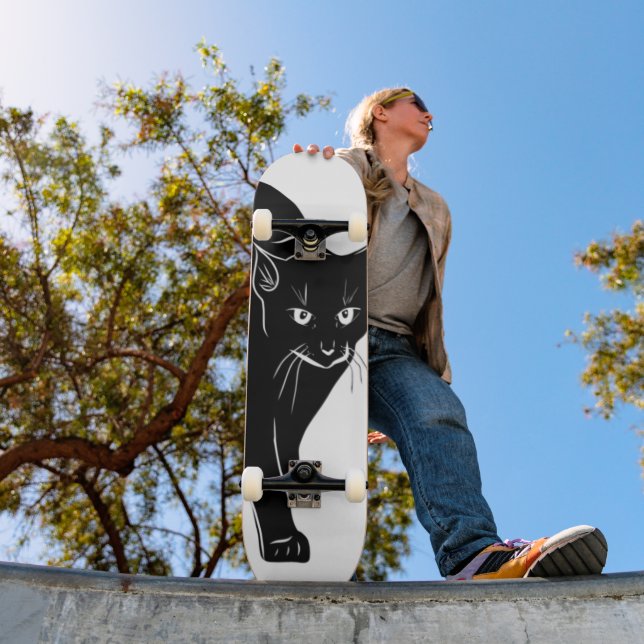 Skateboard Dessin en silhouette de chat noir à rallonge d'Hal (Extérieur 1)