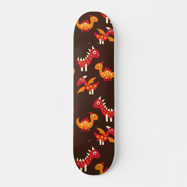 Skateboard Dinosaures pointus rouges et oranges de brun foncé (Devant)