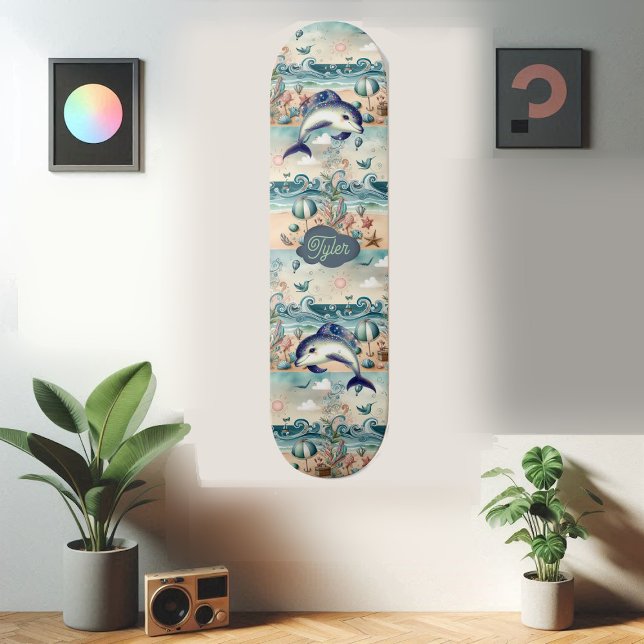 Skateboard Dolphin Whimsical Boho Ocean Waves Beach Tropical (Whimsical Dolphin Boho Ocean Waves Beach Tropical Skateboard)