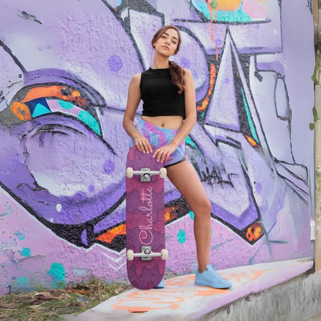 Skateboard Douille de Parties scintillant personnalisée Foncé (Custom Glitter Drip Dark Purple & Pink Melting Skateboard)