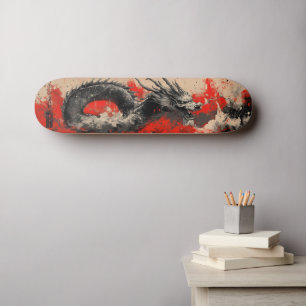 Skateboard Dragon chinois majestueux avec plaque d'encre roug