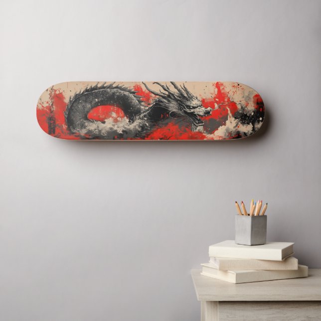 Skateboard Dragon chinois majestueux avec plaque d'encre roug (Art mural (Horz))