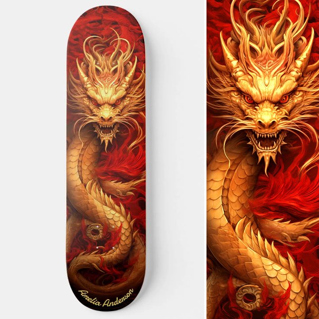 Skateboard Dragon chinois rouge et or (Red & Gold Gold Chinese Dragon Skateboard)