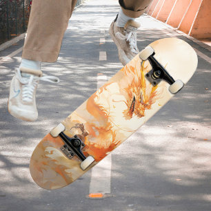 Skateboard Dragon d'or mythique cool qui s'envole dans les nu
