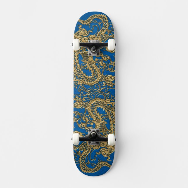 Skateboard Dragon d'or sur Lapis Blue Leather Texture (Recto)