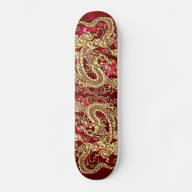 Skateboard Dragon doré en relief sur soie rouge imprimée (Recto)